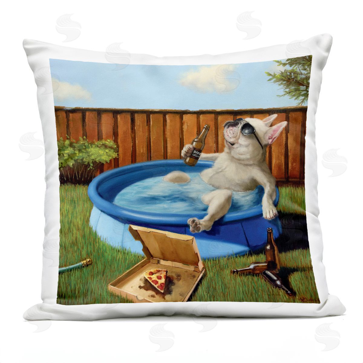 French Bulldog Relaxing Summer Pool Beverage Outdoor Printed Pillow, Home Decor by Lucia Heffernan
