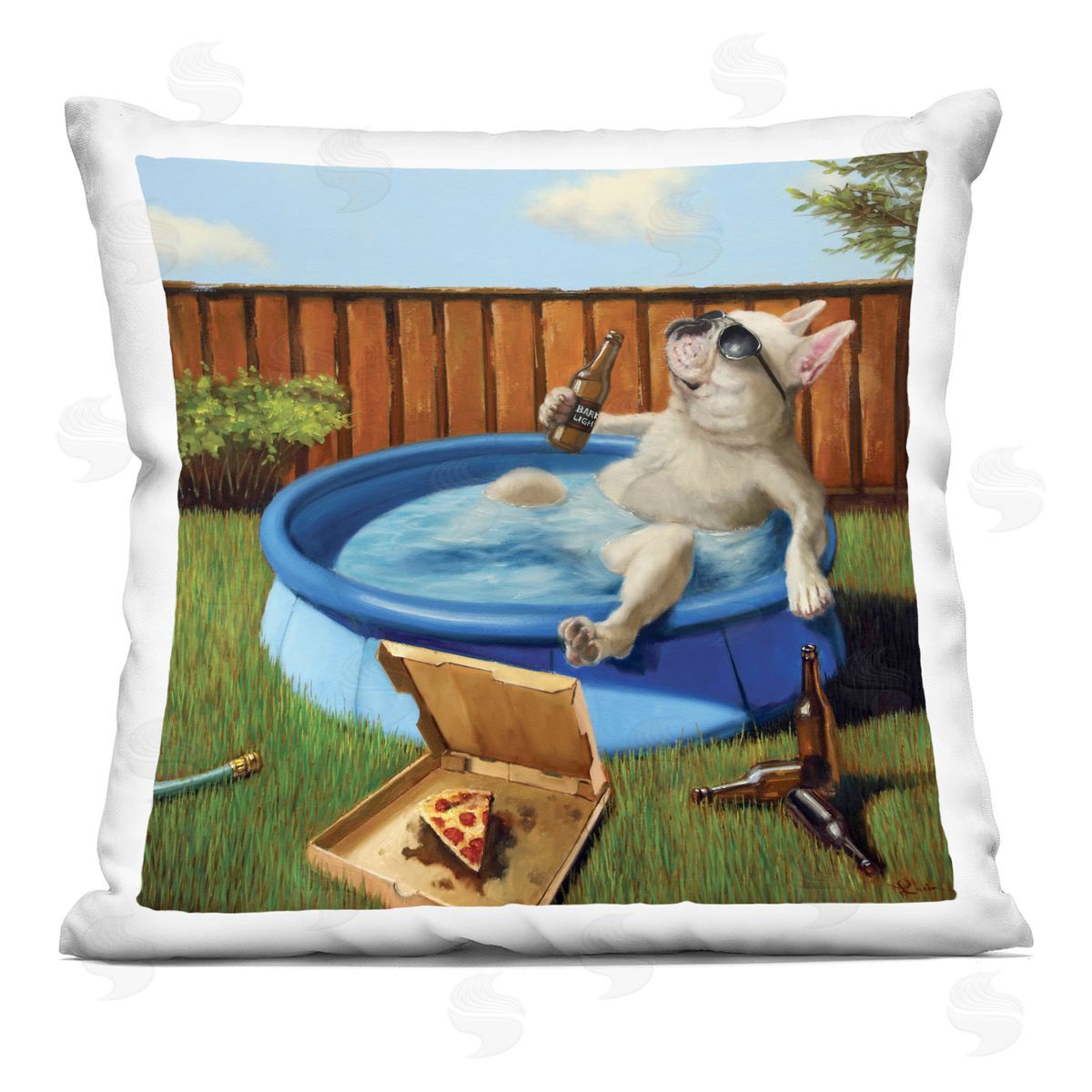 French Bulldog Relaxing Summer Pool Beverage Decorative Printed Pillow, Home Decor by Lucia Heffernan