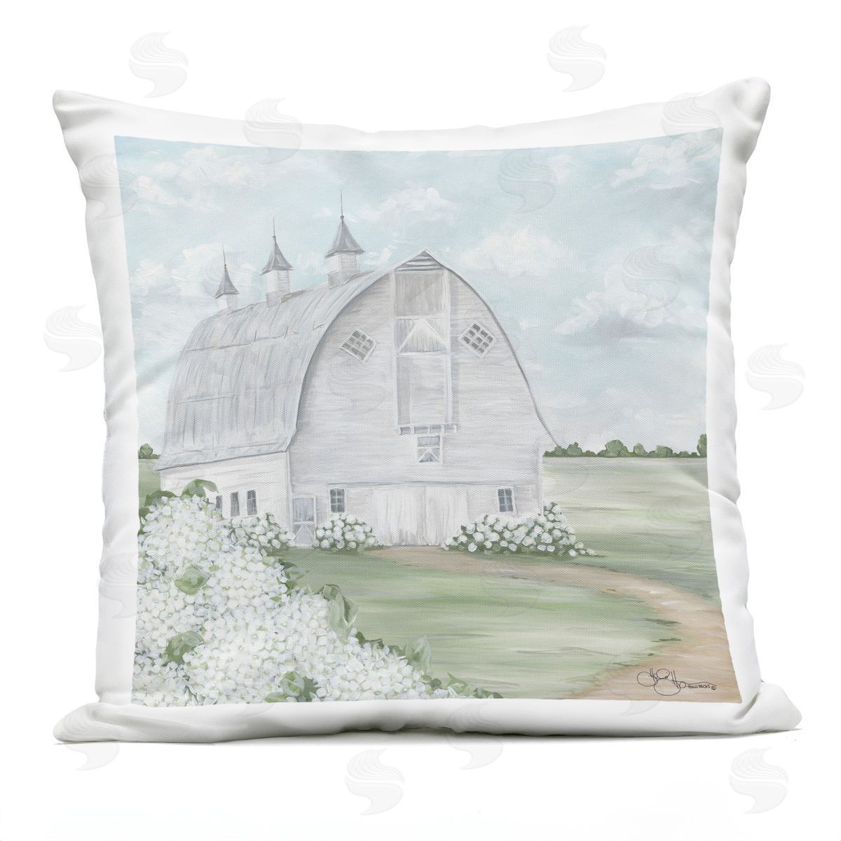 White Country Barn Landscape Soft Hydrangeas Outdoor Printed Pillow, Home Decor by Hollihocks Art