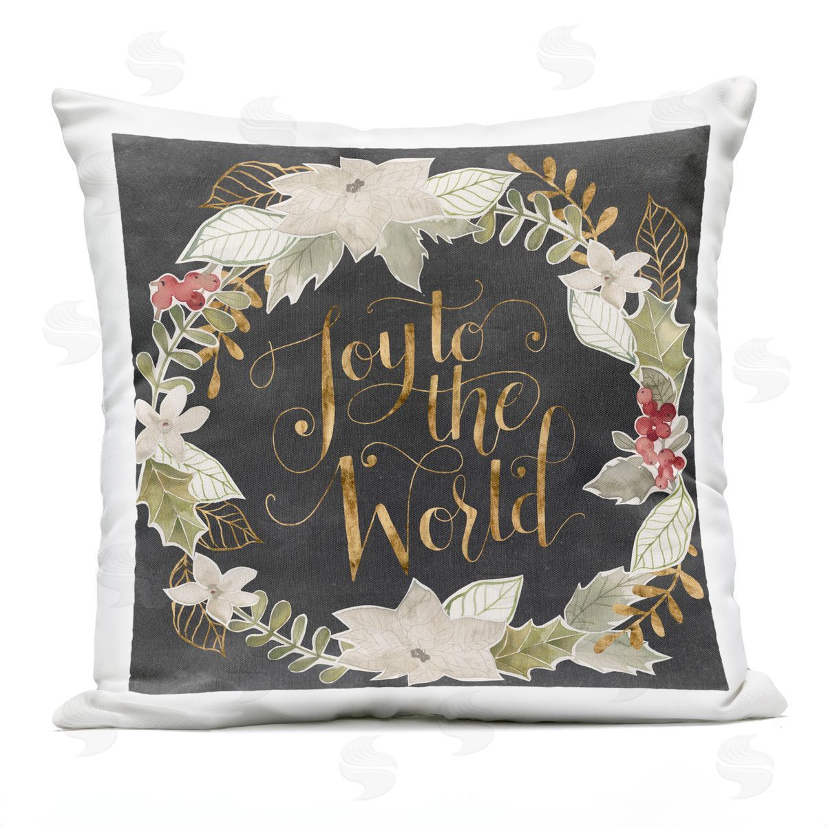 Joy To The World Chic Christmas Holly Wreath Outdoor Printed Pillow, Home Decor by Grace Popp