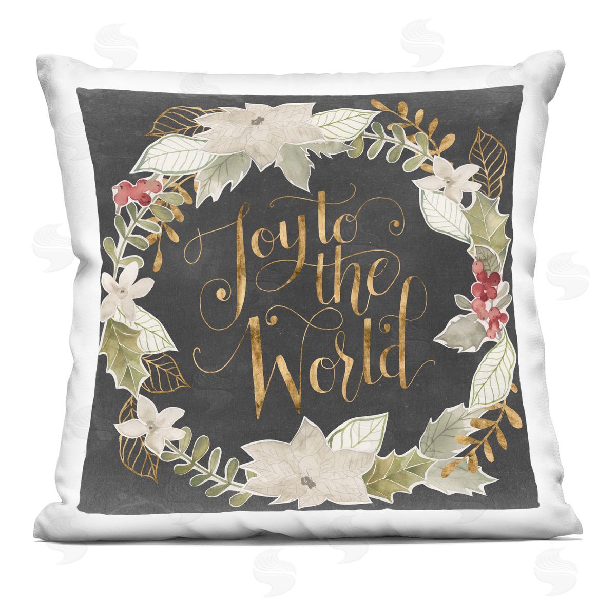 Joy To The World Chic Christmas Holly Wreath Decorative Printed Pillow, Home Decor by Grace Popp
