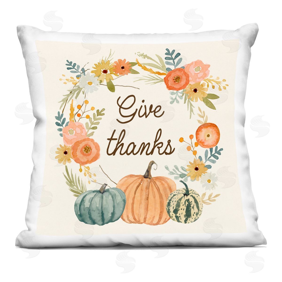 Give Thanks Orange Pumpkin Flower Wreath Sentiment Decorative Printed Pillow, Home Decor by Victoria Barnes