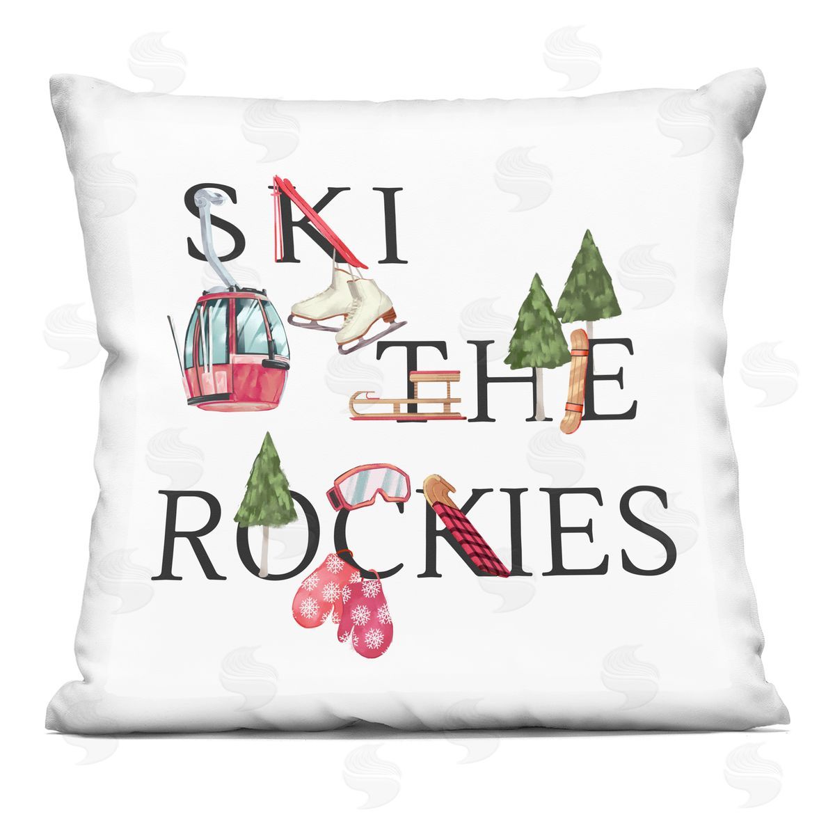 Ski The Rockies Seasonal Winter Sports Typography Decorative Printed Pillow, Home Decor by Ziwei Li