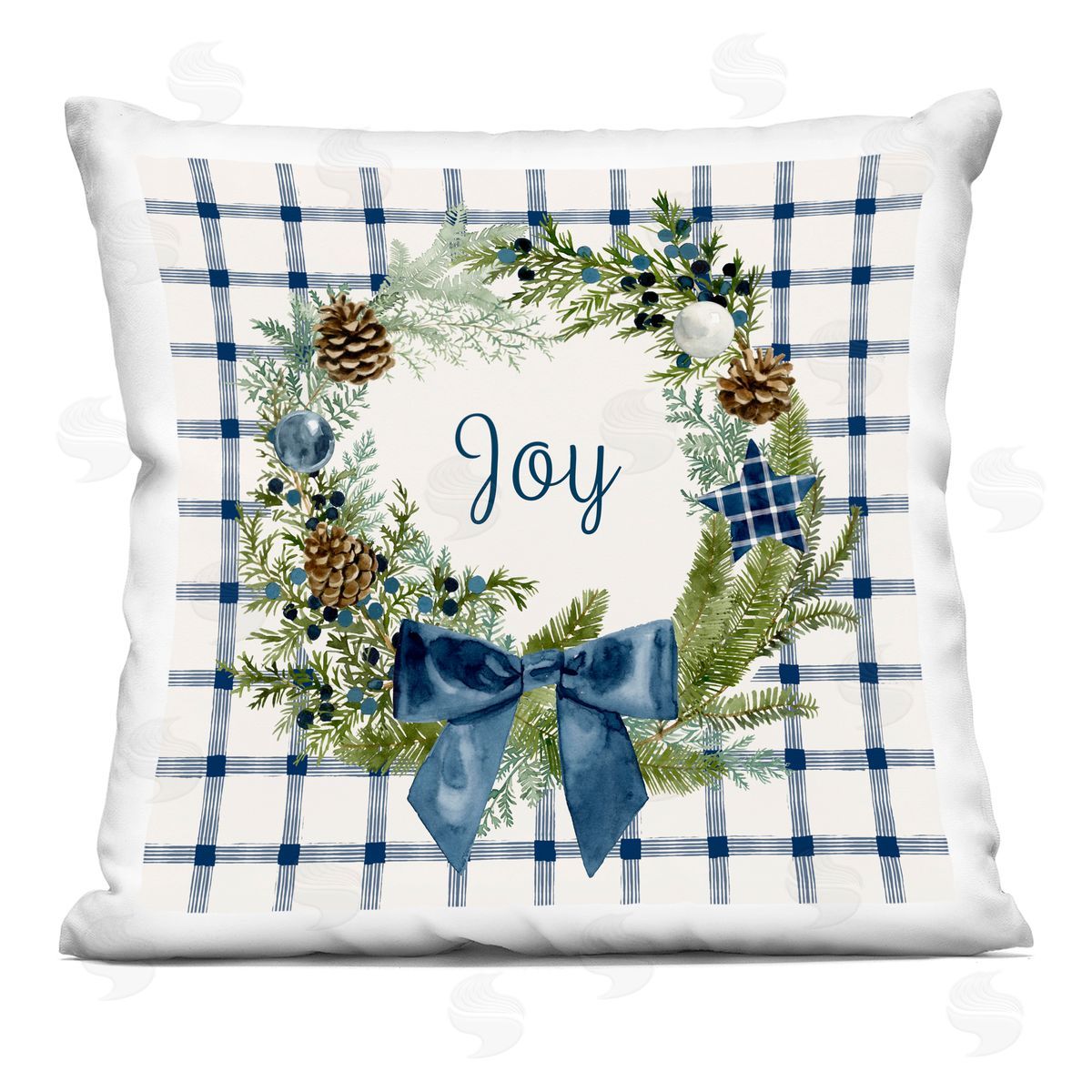Holiday Tartan Joy Phrase Pinecone Wreath Decorative Printed Pillow, Home Decor by Victoria Barnes