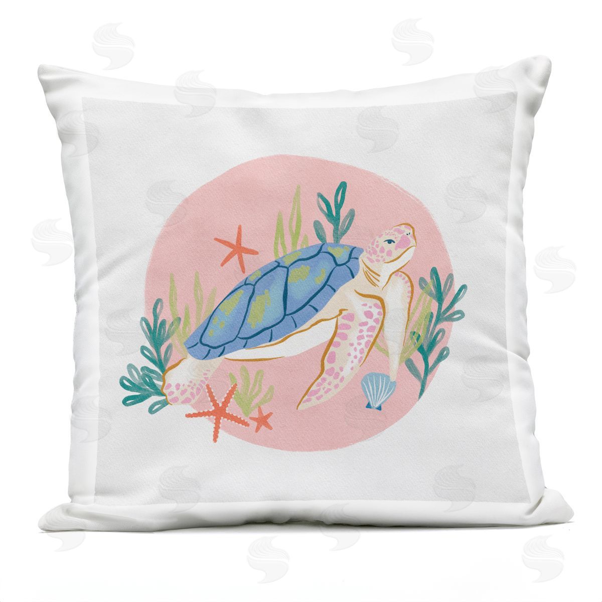 Pink Swimming Sea Turtle Marine Ocean Botanicals Outdoor Printed Pillow, Home Decor by Deborah Curiel