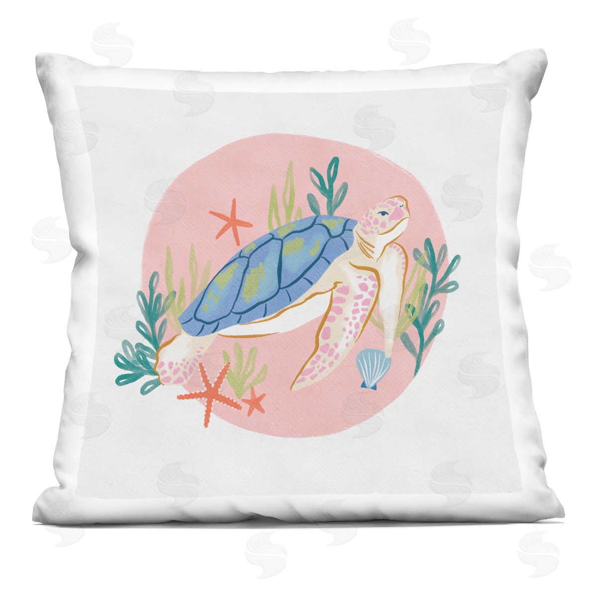 Pink Swimming Sea Turtle Marine Ocean Botanicals Decorative Printed Pillow, Home Decor by Deborah Curiel