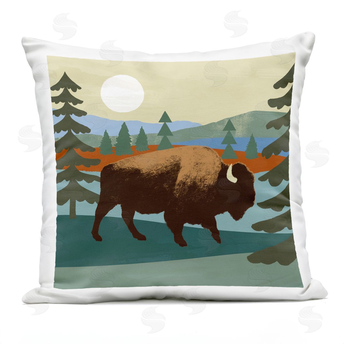 Wild Bison Forest Nature Lake Landscape Outdoor Printed Pillow, Home Decor by Victoria Barnes
