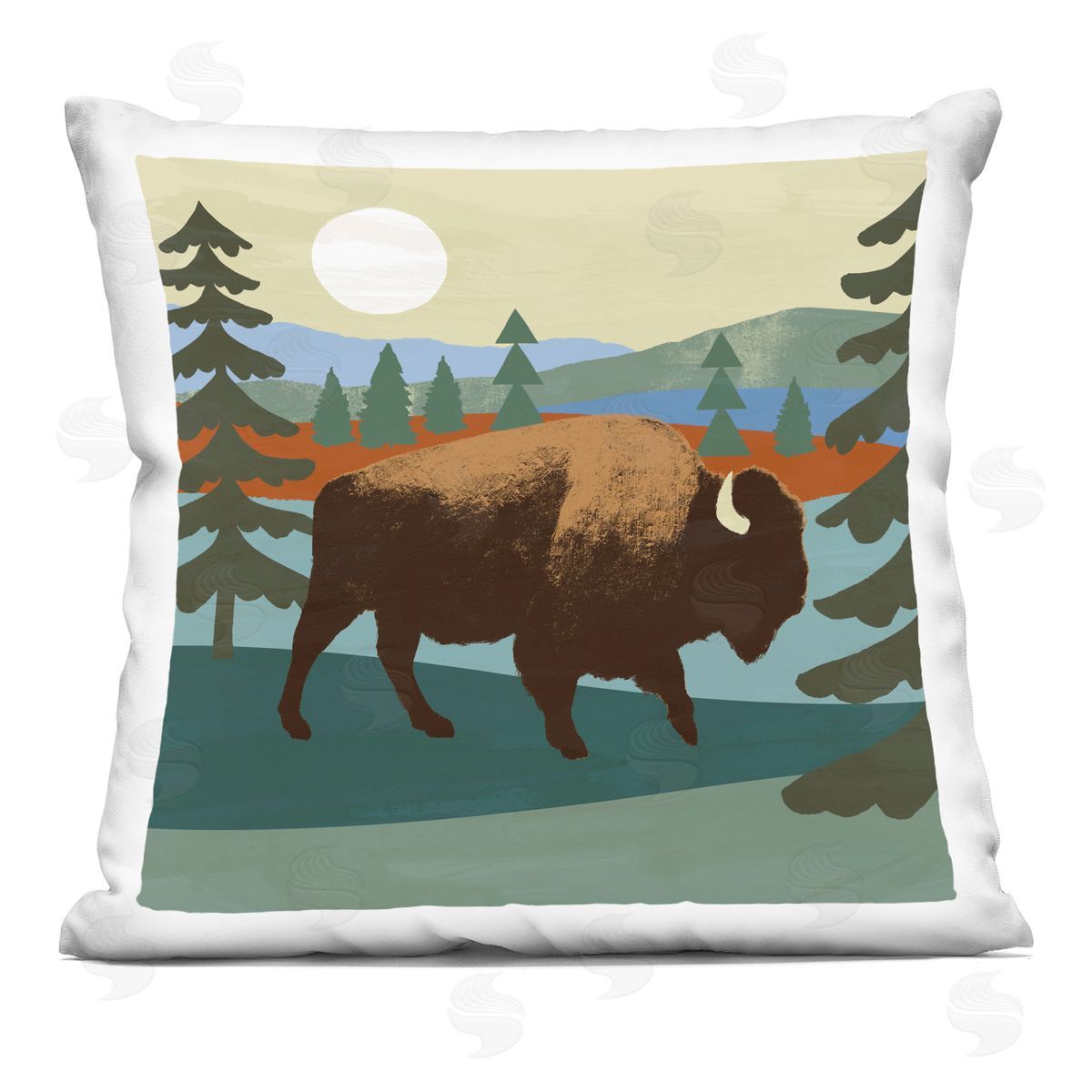 Wild Bison Forest Nature Lake Landscape Decorative Printed Pillow, Home Decor by Victoria Barnes