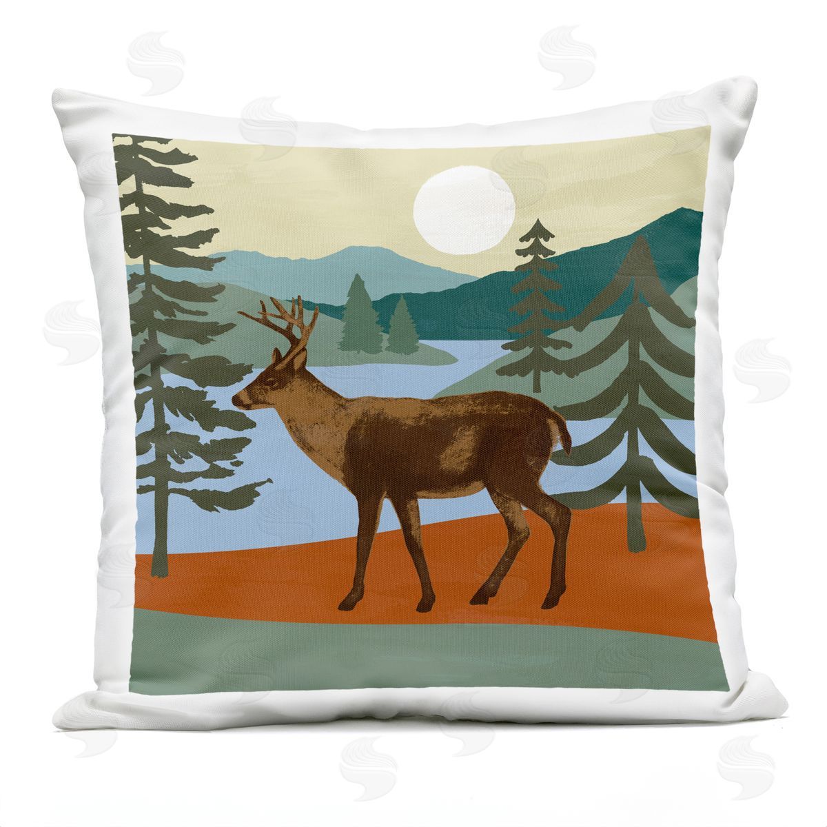 Lakeside Mountain Peaks Woodland Forest Deer Outdoor Printed Pillow, Home Decor by Victoria Barnes