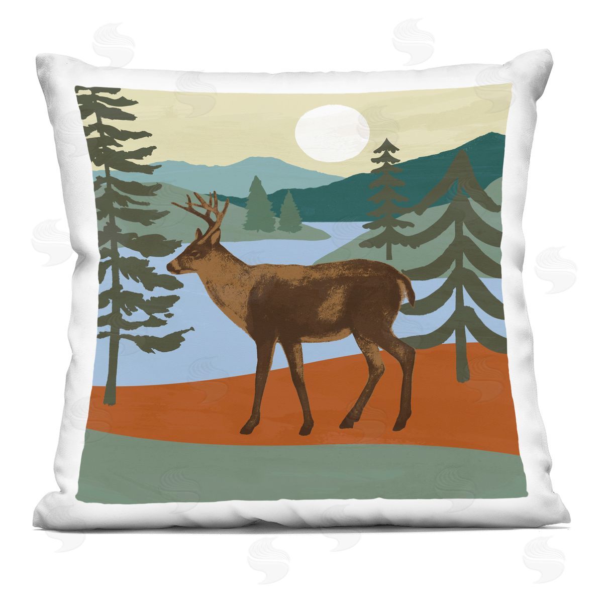 Lakeside Mountain Peaks Woodland Forest Deer Decorative Printed Pillow, Home Decor by Victoria Barnes
