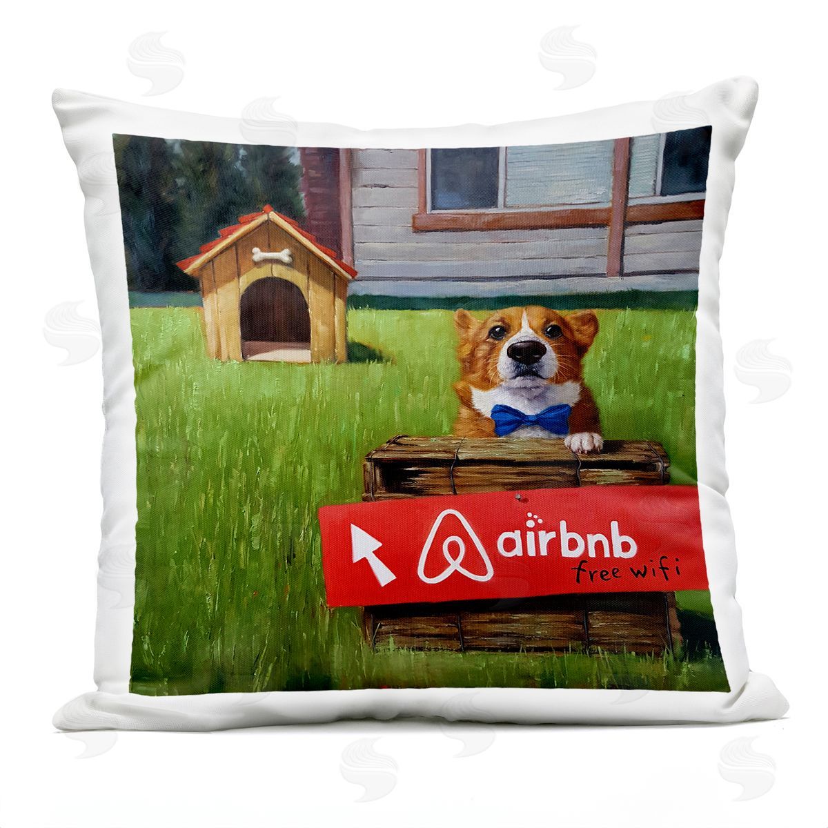 Doghouse Rental Bowtie Humorous Backyard Corgi Outdoor Printed Pillow, Home Decor by Lucia Heffernan