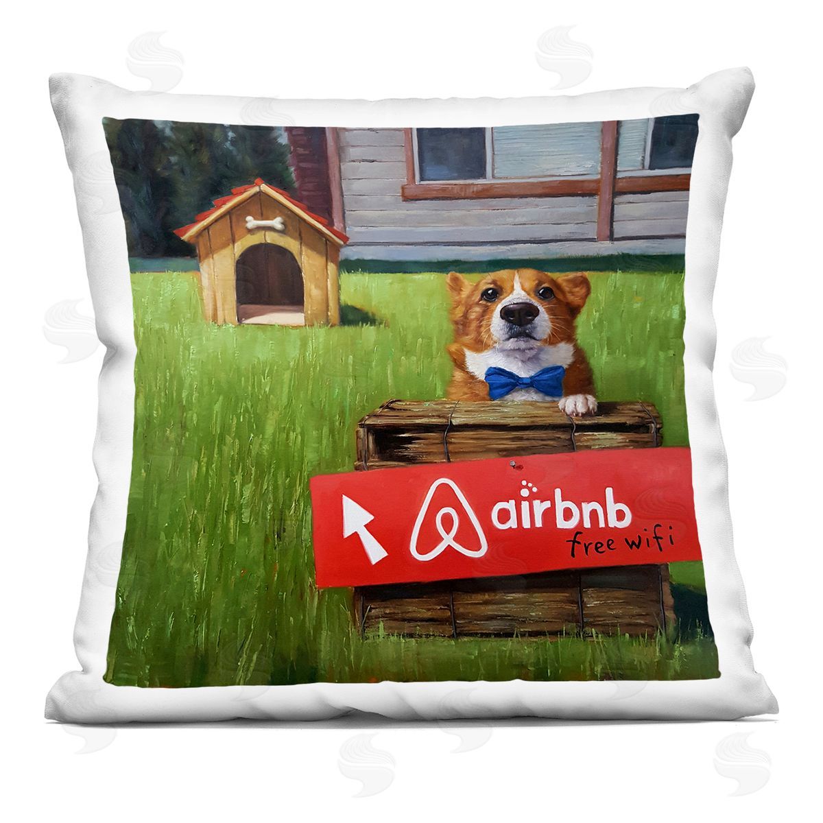 Doghouse Rental Bowtie Humorous Backyard Corgi Decorative Printed Pillow, Home Decor by Lucia Heffernan