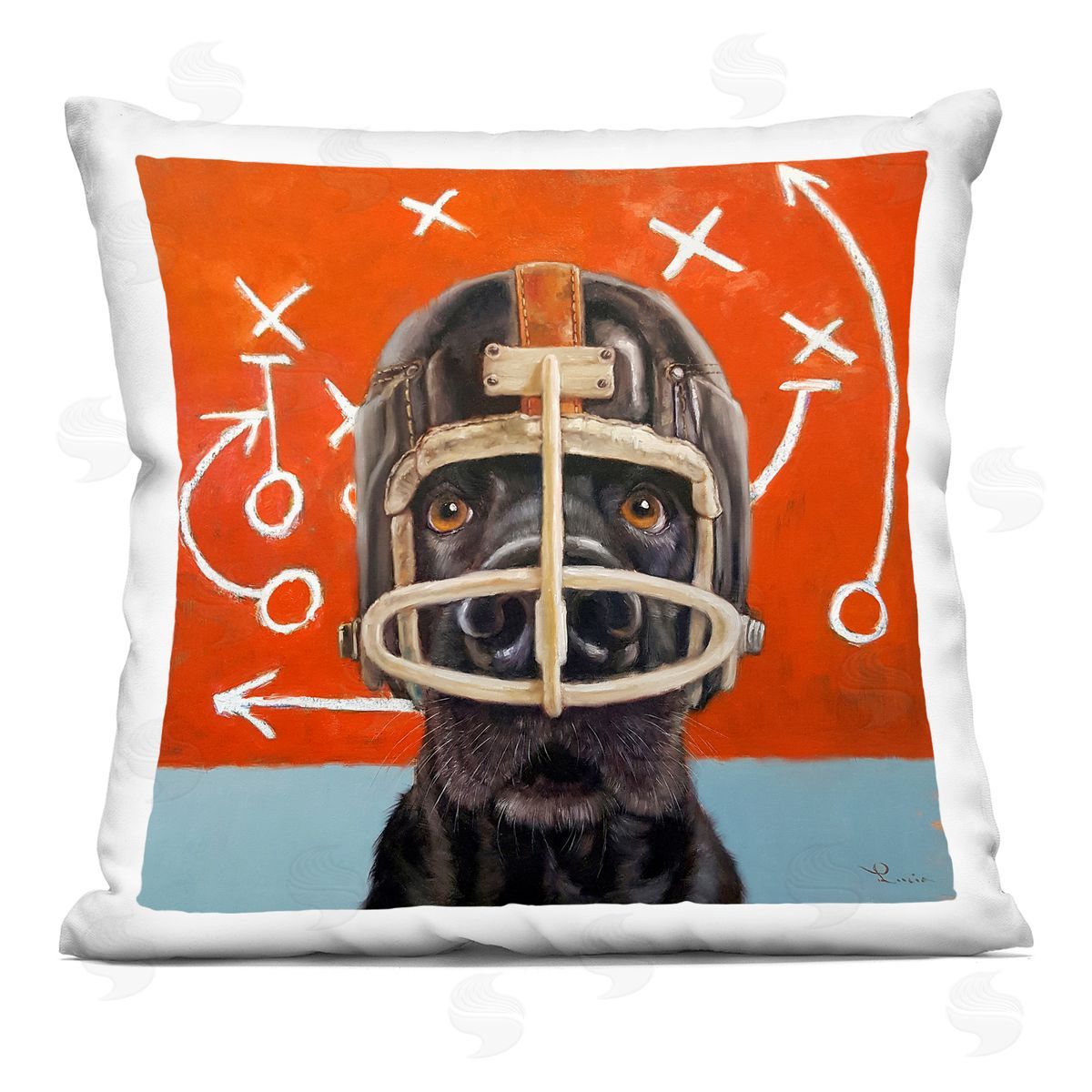 Black Dog Football Helmet Red Sports Plays Decorative Printed Pillow, Home Decor by Lucia Heffernan