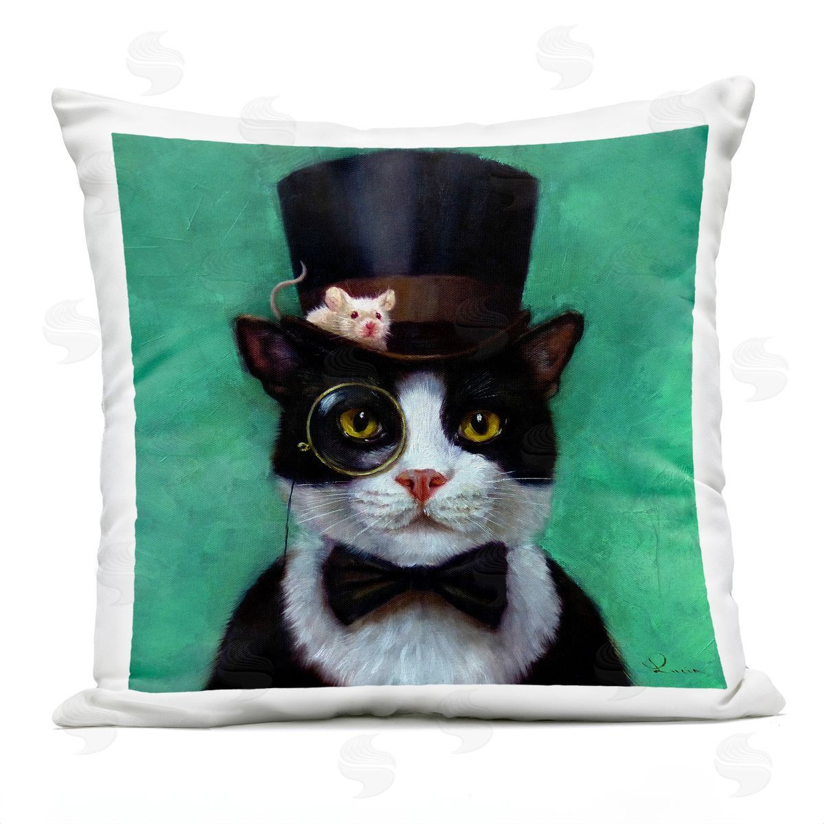 Good Sir Top Hat Cat Green Background Outdoor Printed Pillow, Home Decor by Lucia Heffernan