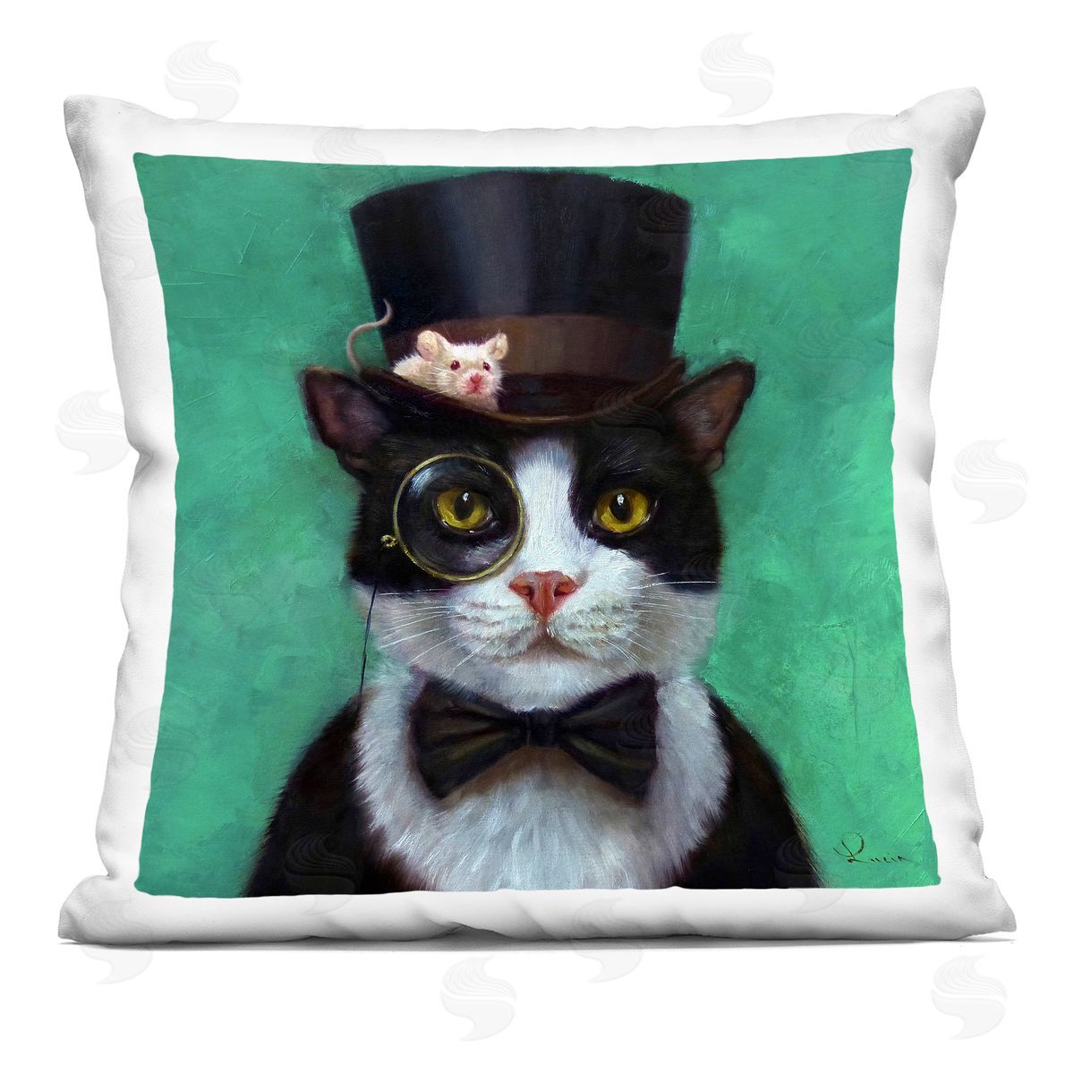 Good Sir Top Hat Cat Green Background Decorative Printed Pillow, Home Decor by Lucia Heffernan