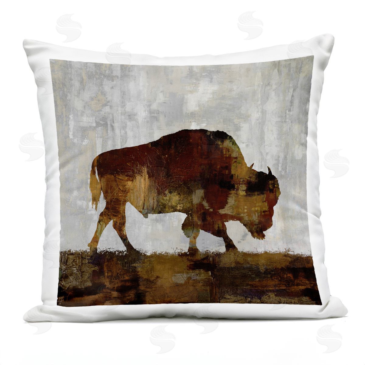 Brown Bison Silhouette Distressed Woodland Nature Outdoor Printed Pillow, Home Decor by Carl Colburn
