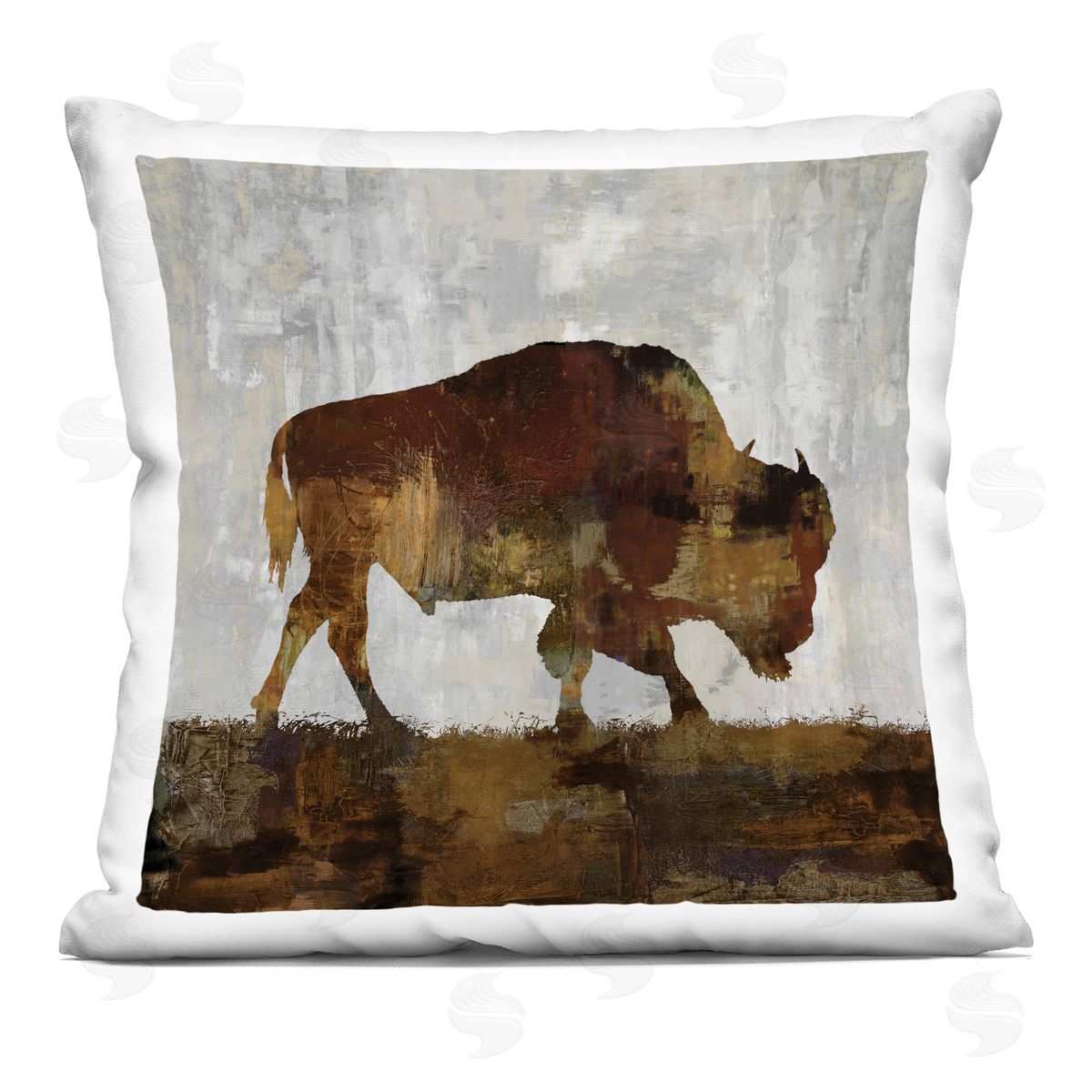Brown Bison Silhouette Distressed Woodland Nature Decorative Printed Pillow, Home Decor by Carl Colburn