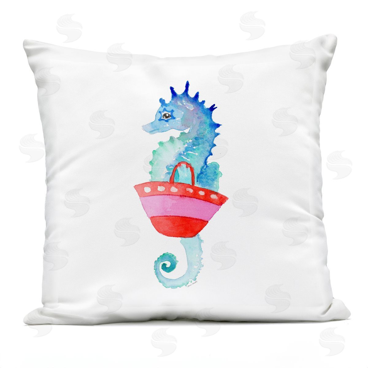 Blue Seahorse Carrying Red Beach Bag Outdoor Printed Pillow, Home Decor by Lanie Loreth