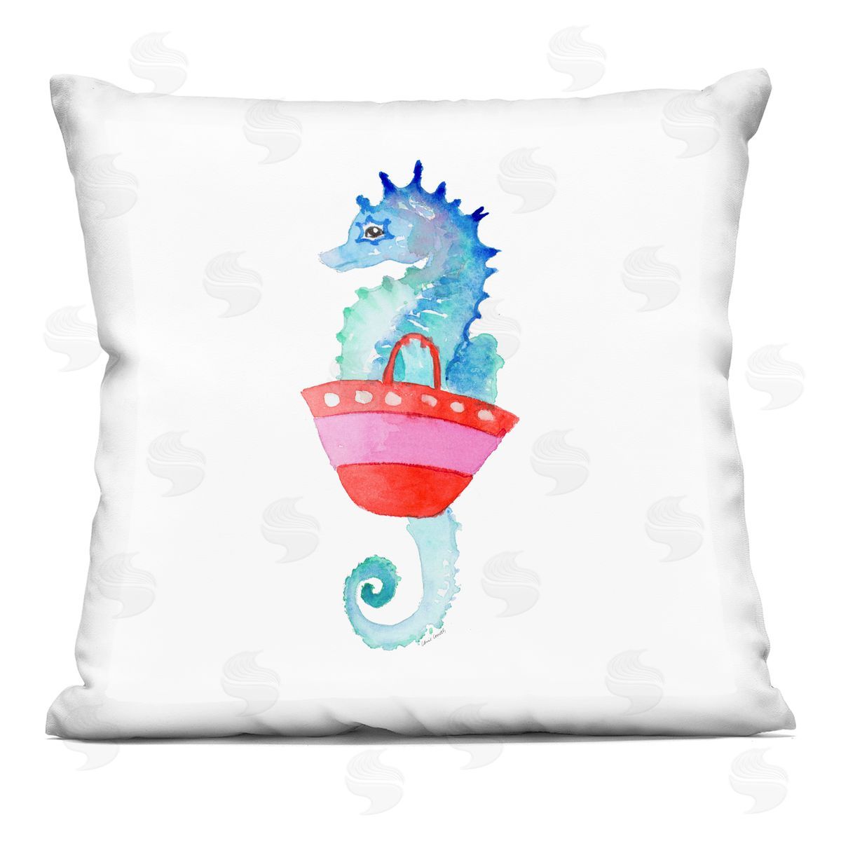 Blue Seahorse Carrying Red Beach Bag Decorative Printed Pillow, Home Decor by Lanie Loreth