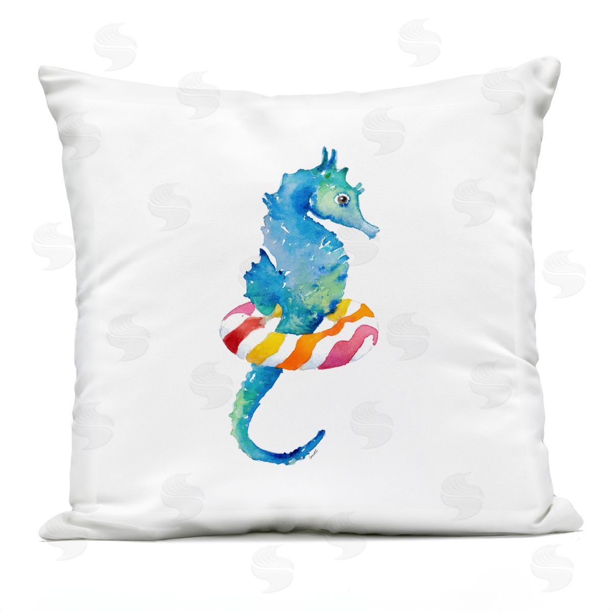 Blue Seahorse Red Striped Pattern Floaty Outdoor Printed Pillow, Home Decor by Lanie Loreth
