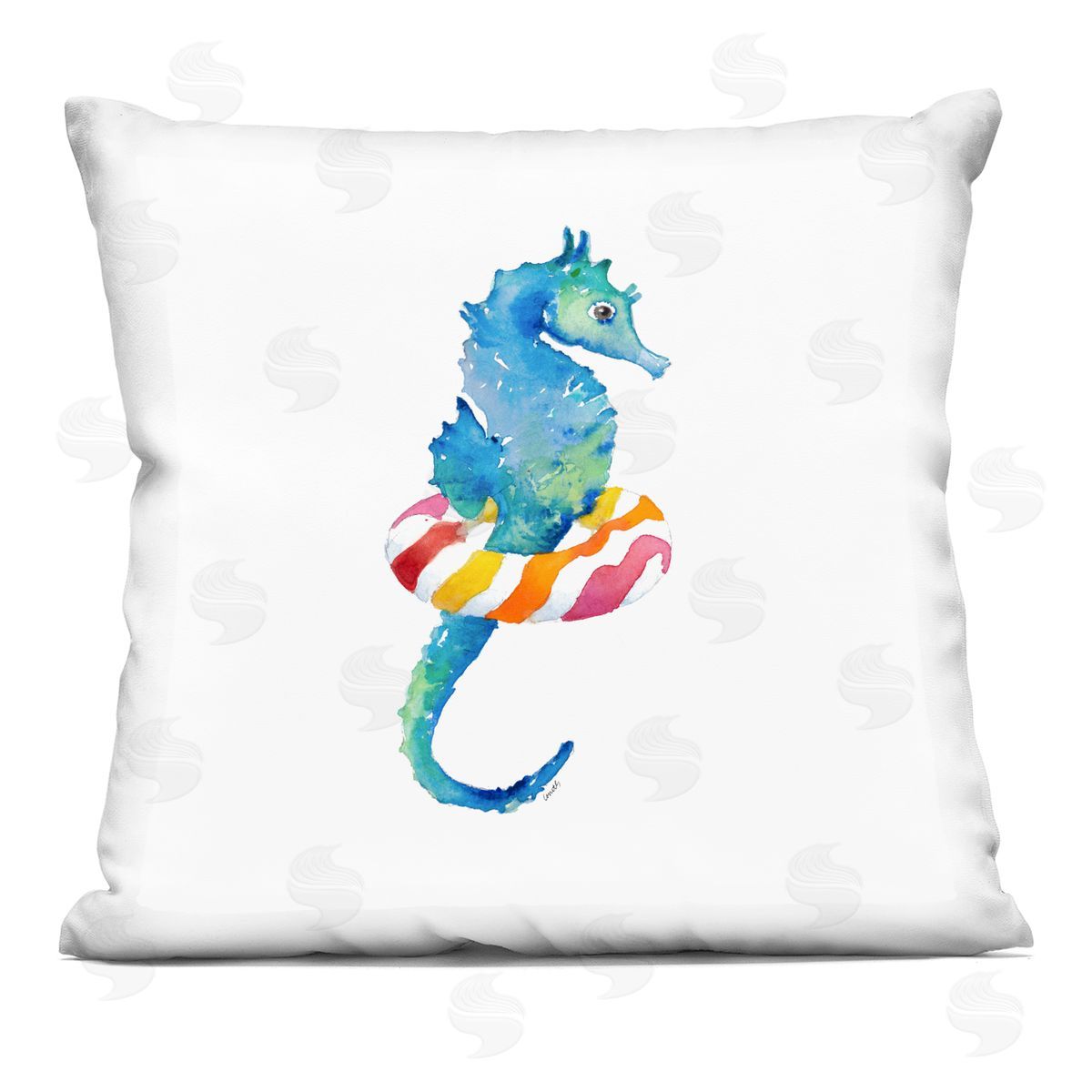 Blue Seahorse Red Striped Pattern Floaty Decorative Printed Pillow, Home Decor by Lanie Loreth