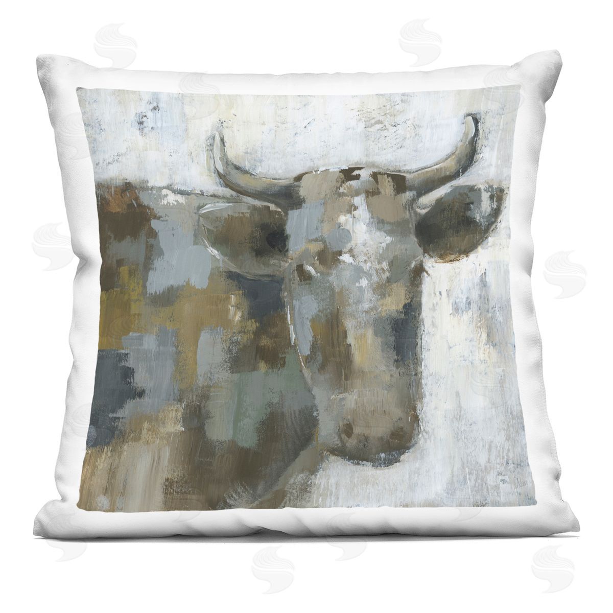Abstract Rustic Cattle Portrait Decorative Printed Pillow, Home Decor by Nan