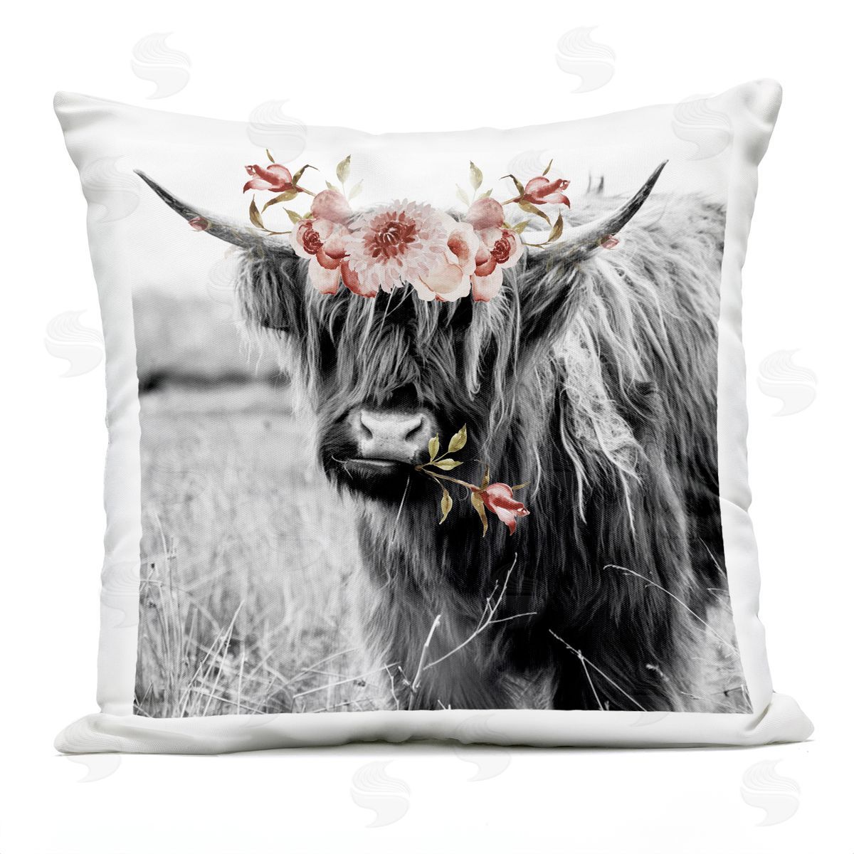Pink Floral Highland Cattle Outdoor Printed Pillow, Home Decor by Amy Brinkman