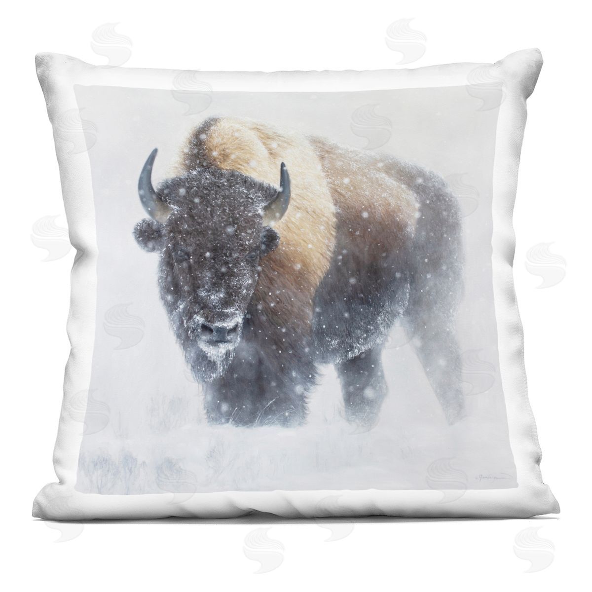 Snowy Bison Winter Wildlife Decorative Printed Pillow, Home Decor by James Corwin