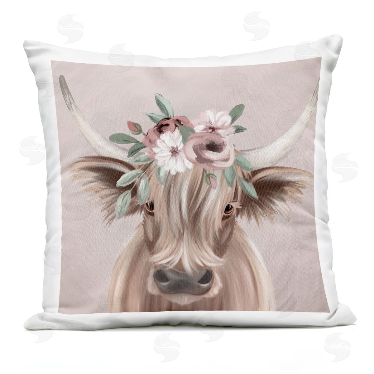 Fluffy Cattle Flower Crown Outdoor Printed Pillow, Home Decor by Jo Taylor