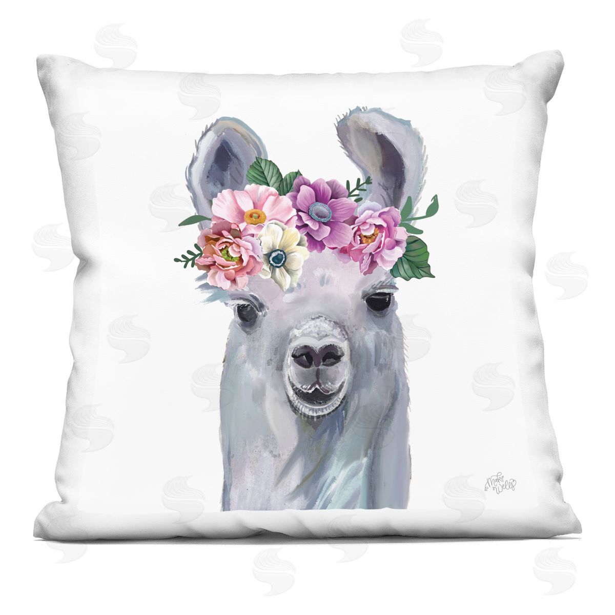 MakeWells Happy Llama Floral Crown Printed Plush Polyester Throw Pillow