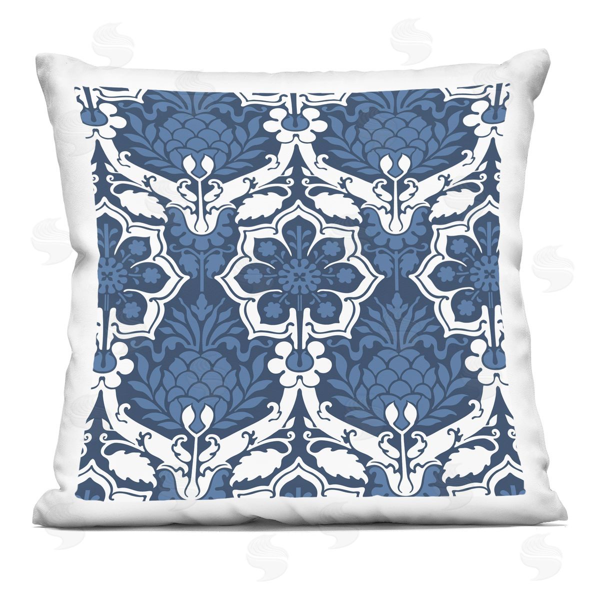 Blue White Damask Pattern Decorative Printed Pillow, Home Decor by Geoff Tygert