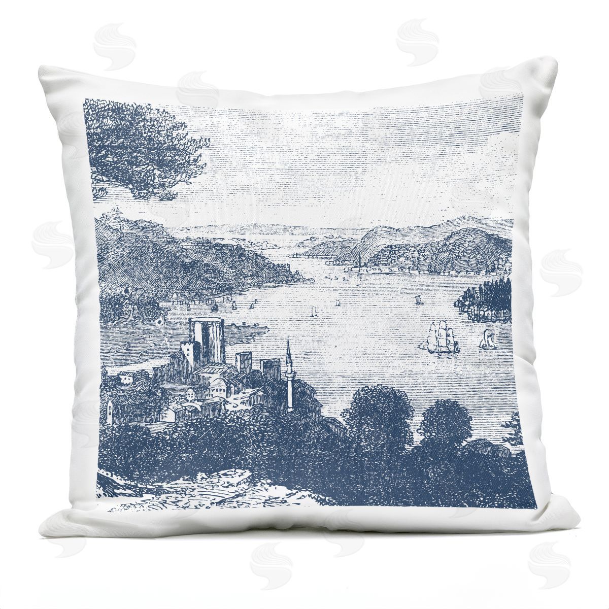 Port Town Toile Scenery Outdoor Printed Pillow, Home Decor by Geoff Tygert