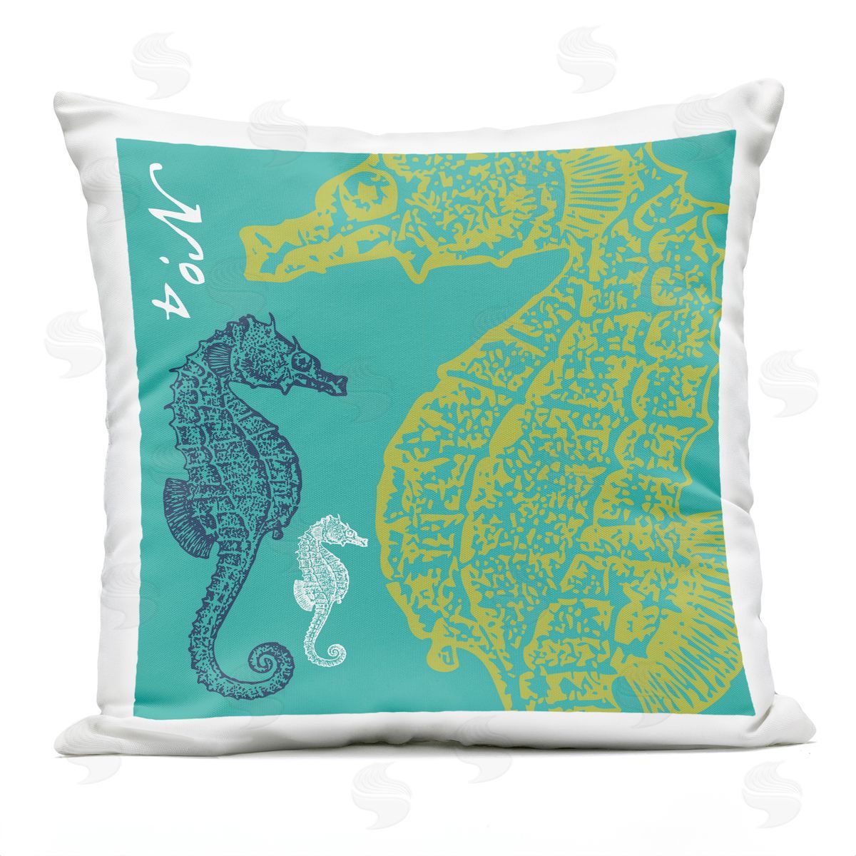 Teal Seahorses Aquatic Pattern Outdoor Printed Pillow, Home Decor by Geoff Tygert