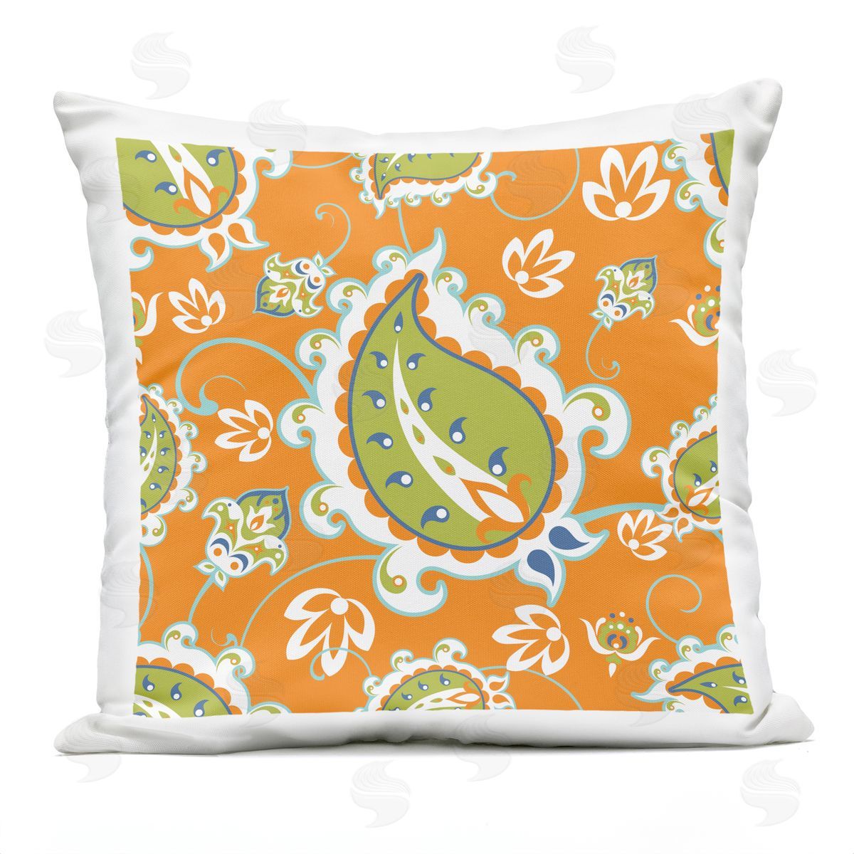 Orange Green Paisley Shapes Outdoor Printed Pillow, Home Decor by Geoff Tygert