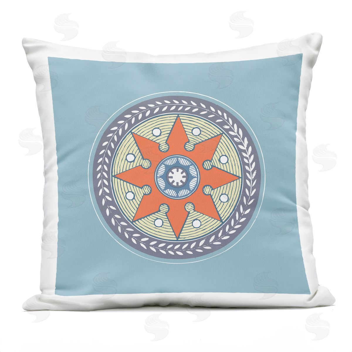 Blue Round Orange Accent Medallion Outdoor Printed Pillow, Home Decor by Geoff Tygert