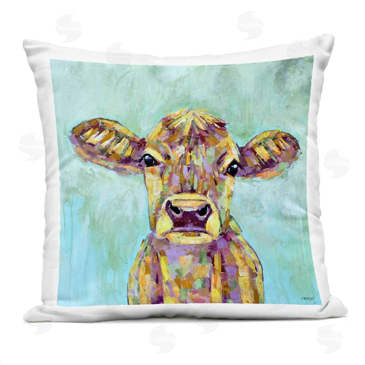 Vivid Blue Country Calf Cattle Outdoor Printed Pillow, Home Decor by Jen Seeley