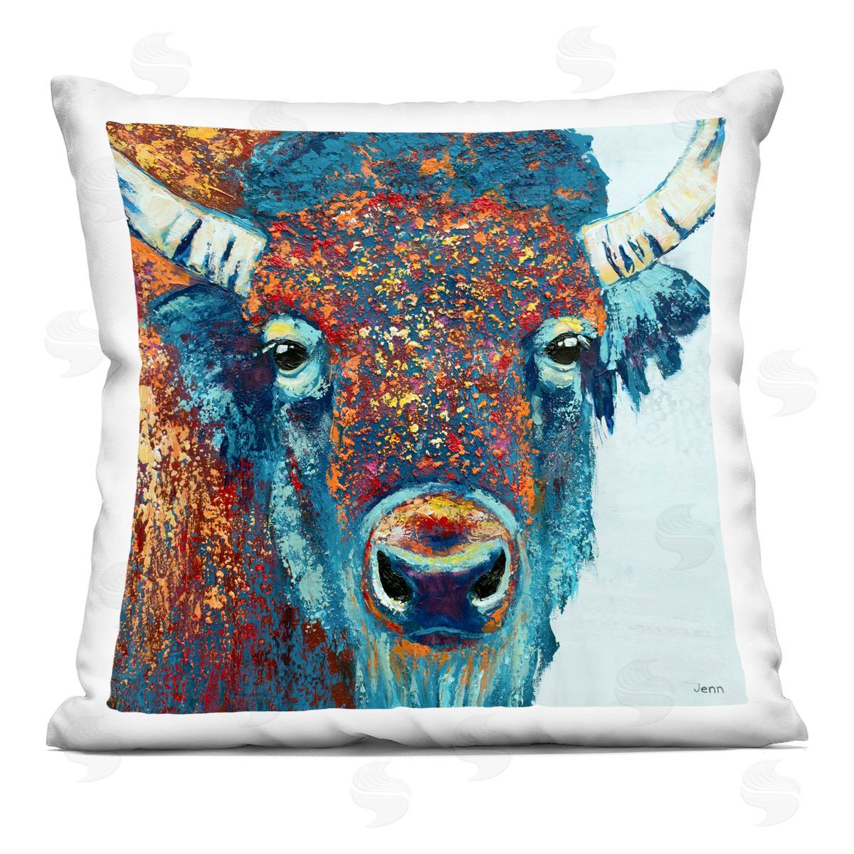 Rural Bison Vivid Portrait Decorative Printed Pillow, Home Decor by Jen Seeley