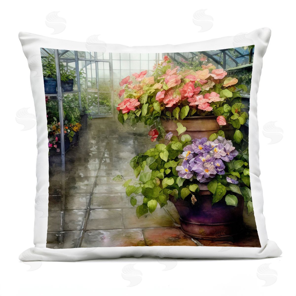 Geranium Garden Greenhouse Flowers Outdoor Printed Pillow, Home Decor by Alpenglow Workshop