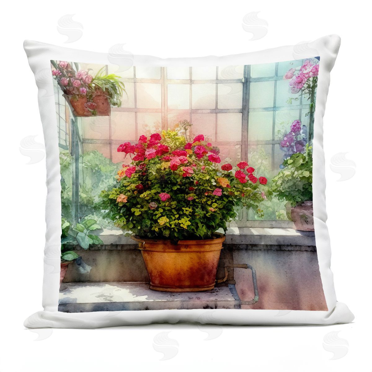 Sunlit Greenhouse Flower Garden Outdoor Printed Pillow, Home Decor by Alpenglow Workshop