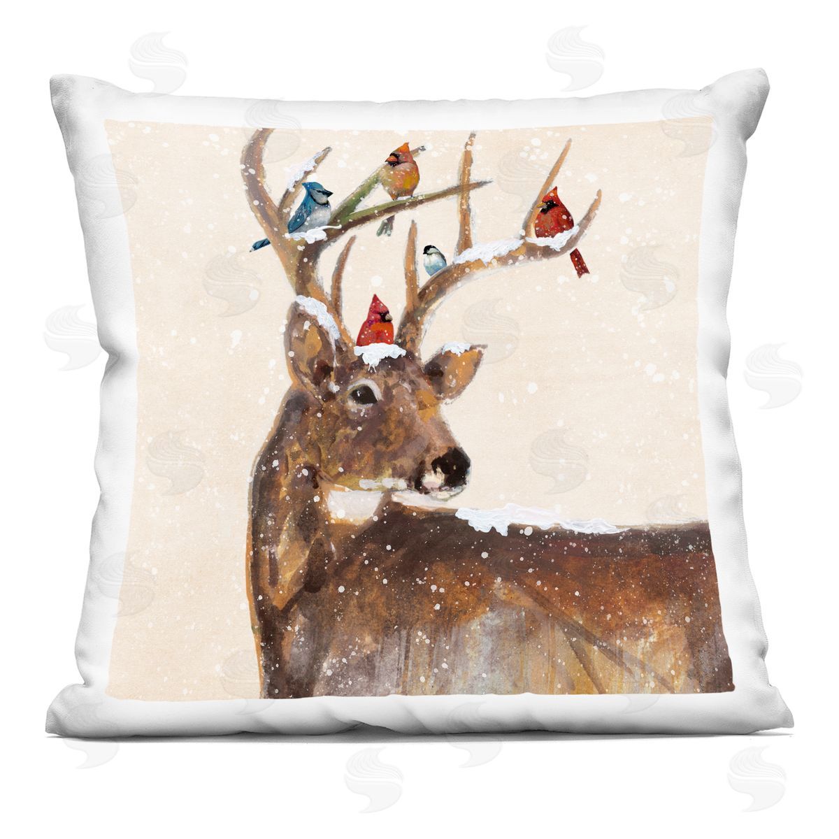 Snowy Birds Perched Reindeer Antlers Decorative Printed Pillow, Home Decor by Ruane Manning