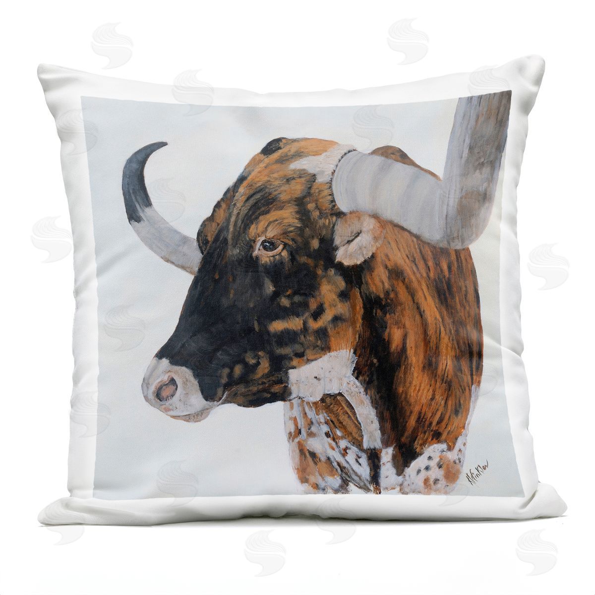 Longhorn Cattle Nature Portrait Outdoor Printed Pillow, Home Decor by Kathy Winkler