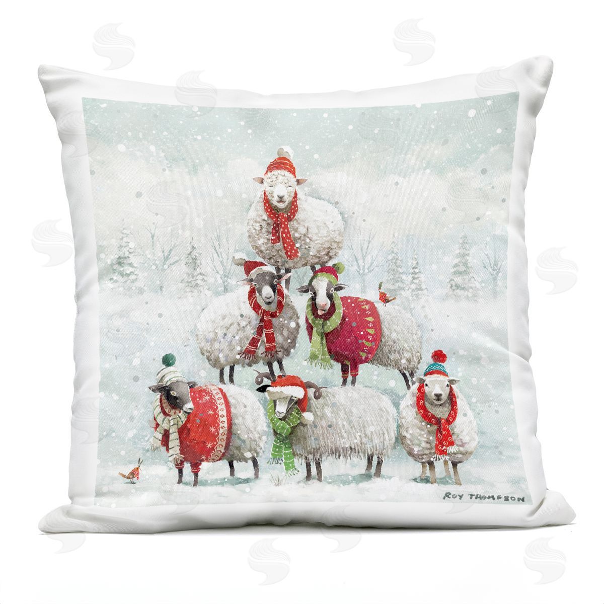 Winter Sheep Balancing Snow Scene Outdoor Printed Pillow, Home Decor by Roy Thompson
