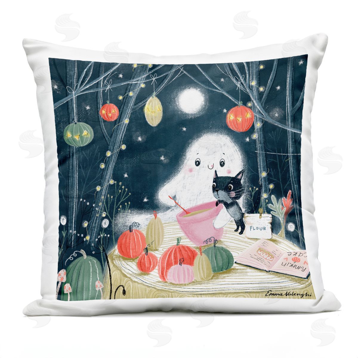 Halloween Ghost & Cat Baking Outdoor Printed Pillow, Home Decor by Emma Valenghi