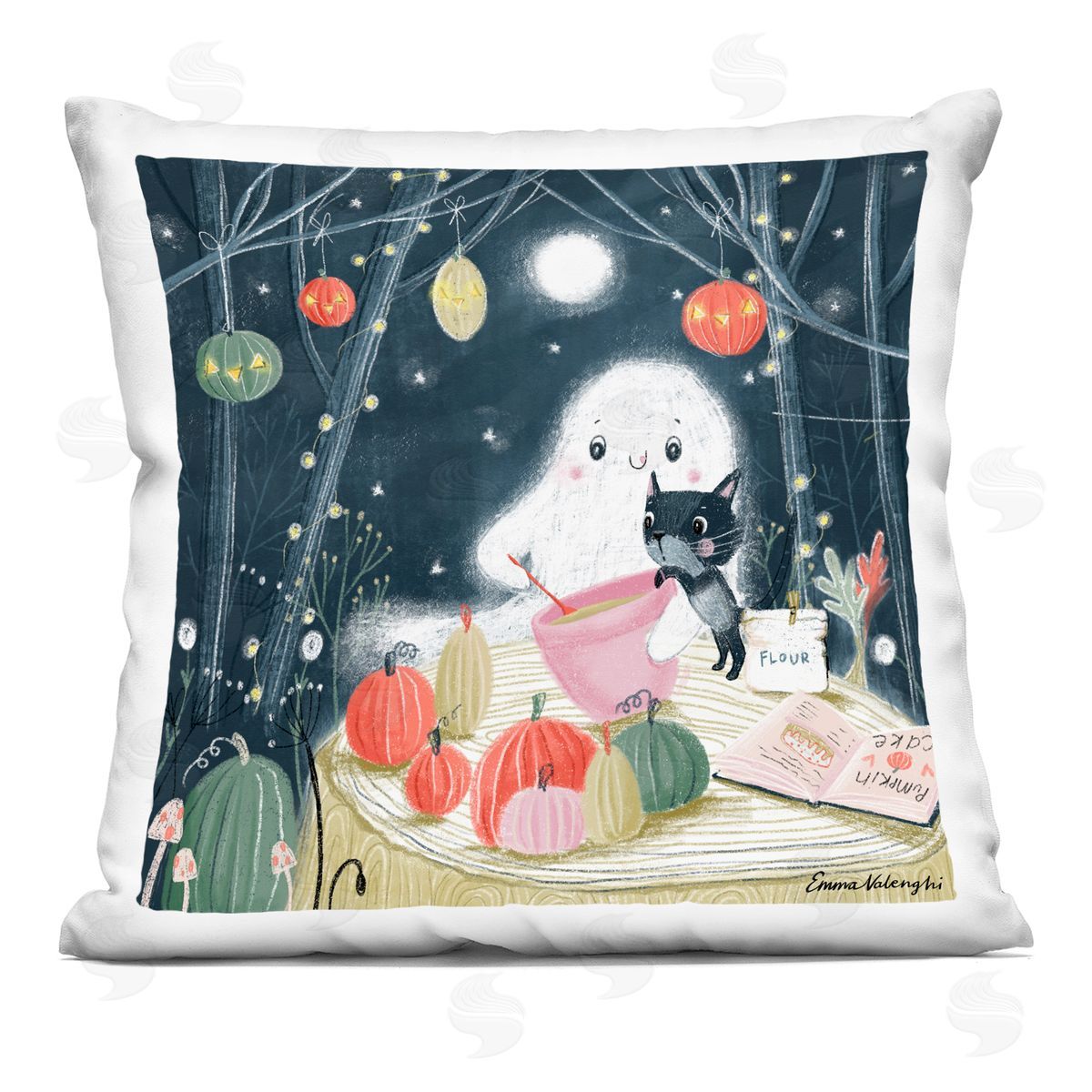 Halloween Ghost & Cat Baking Decorative Printed Pillow, Home Decor by Emma Valenghi
