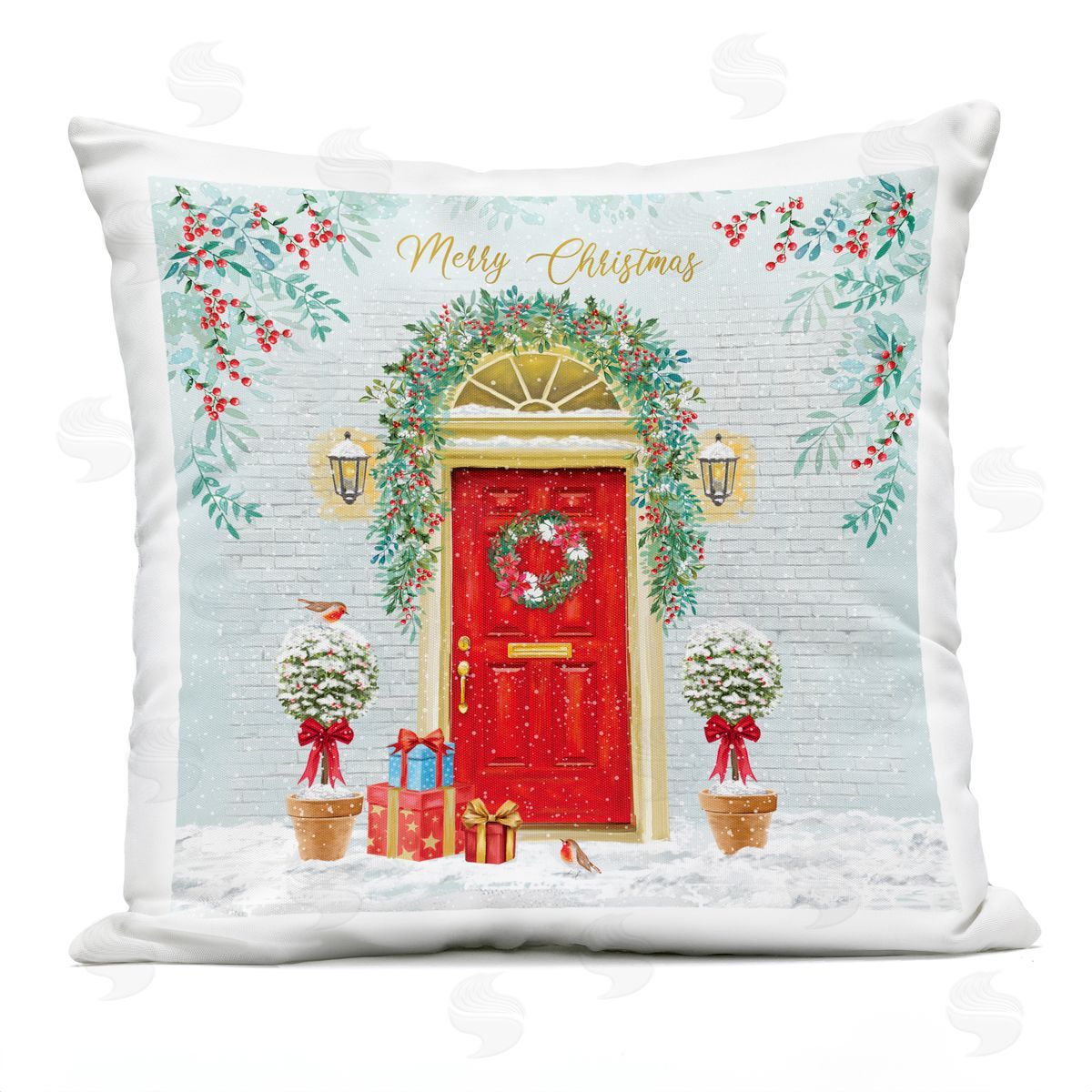 Merry Christmas Winter Doorway Outdoor Printed Pillow, Home Decor by Jane Sunner