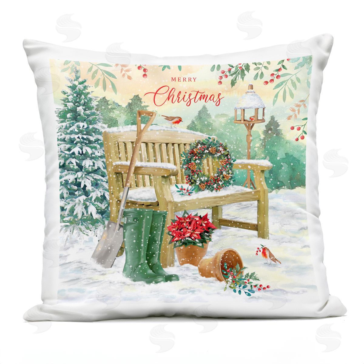 Merry Christmas Winter Garden Scene Outdoor Printed Pillow, Home Decor by Jane Sunner
