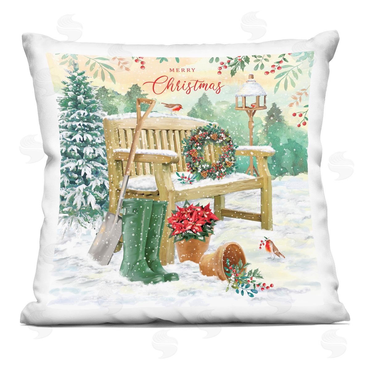 Merry Christmas Winter Garden Scene Decorative Printed Pillow, Home Decor by Jane Sunner