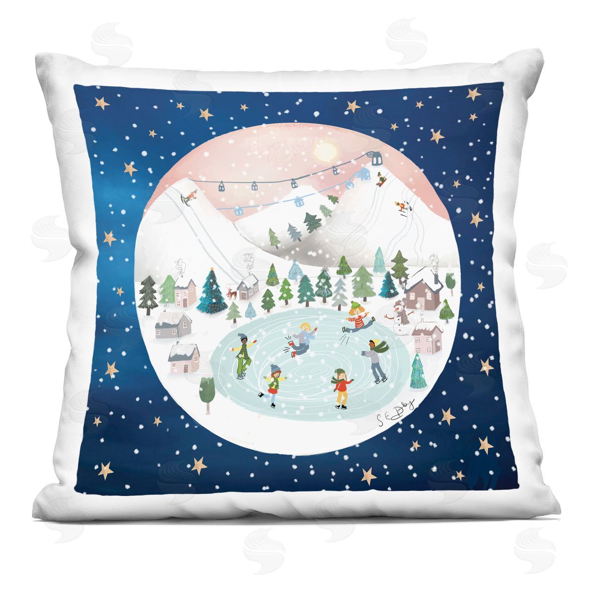 Winter Fun Ice Skating Scene Decorative Printed Pillow, Home Decor by Sally Darby