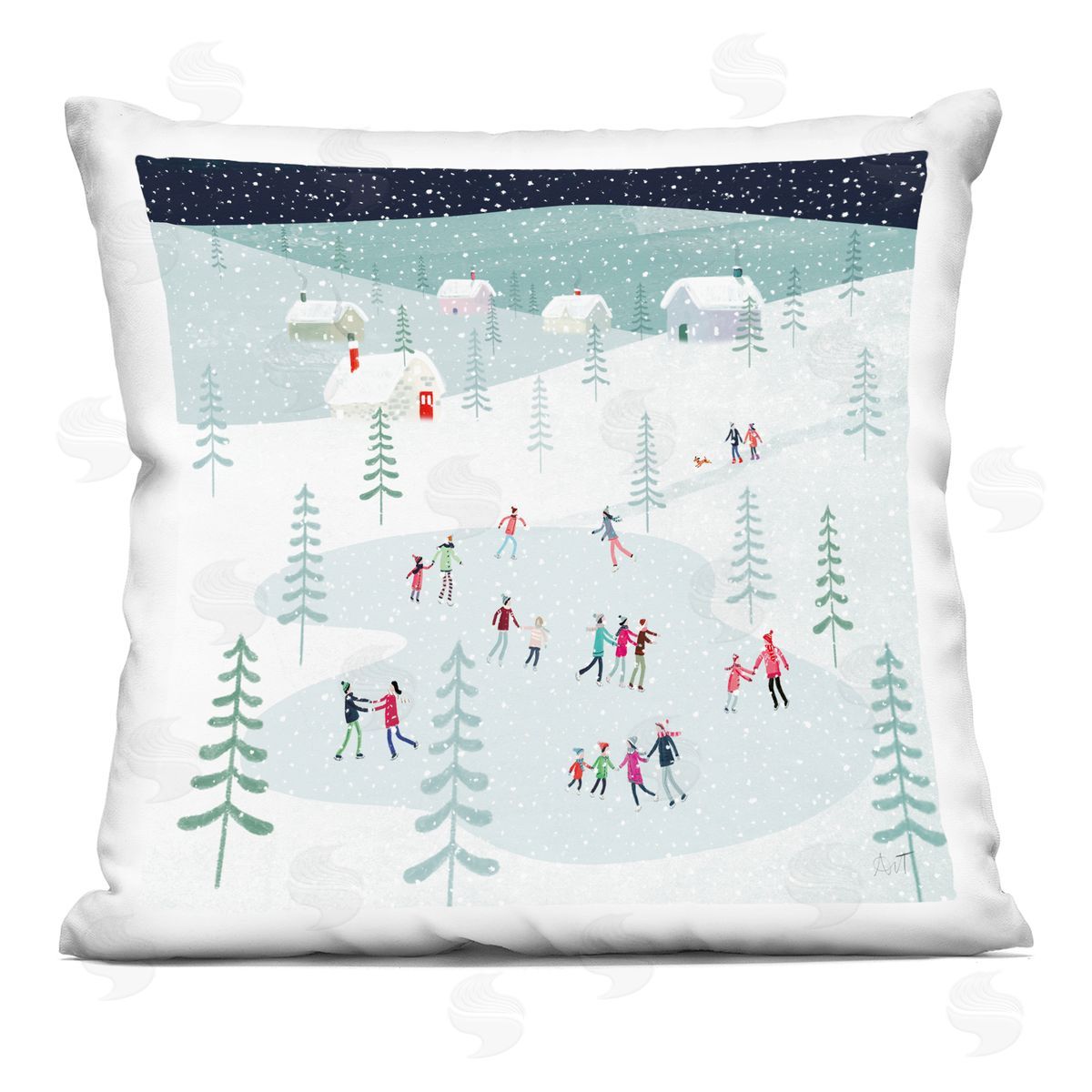 stupell industries Andrew Thornton | Winter Ice Skating Snowy Scene Printed Throw Pillow
