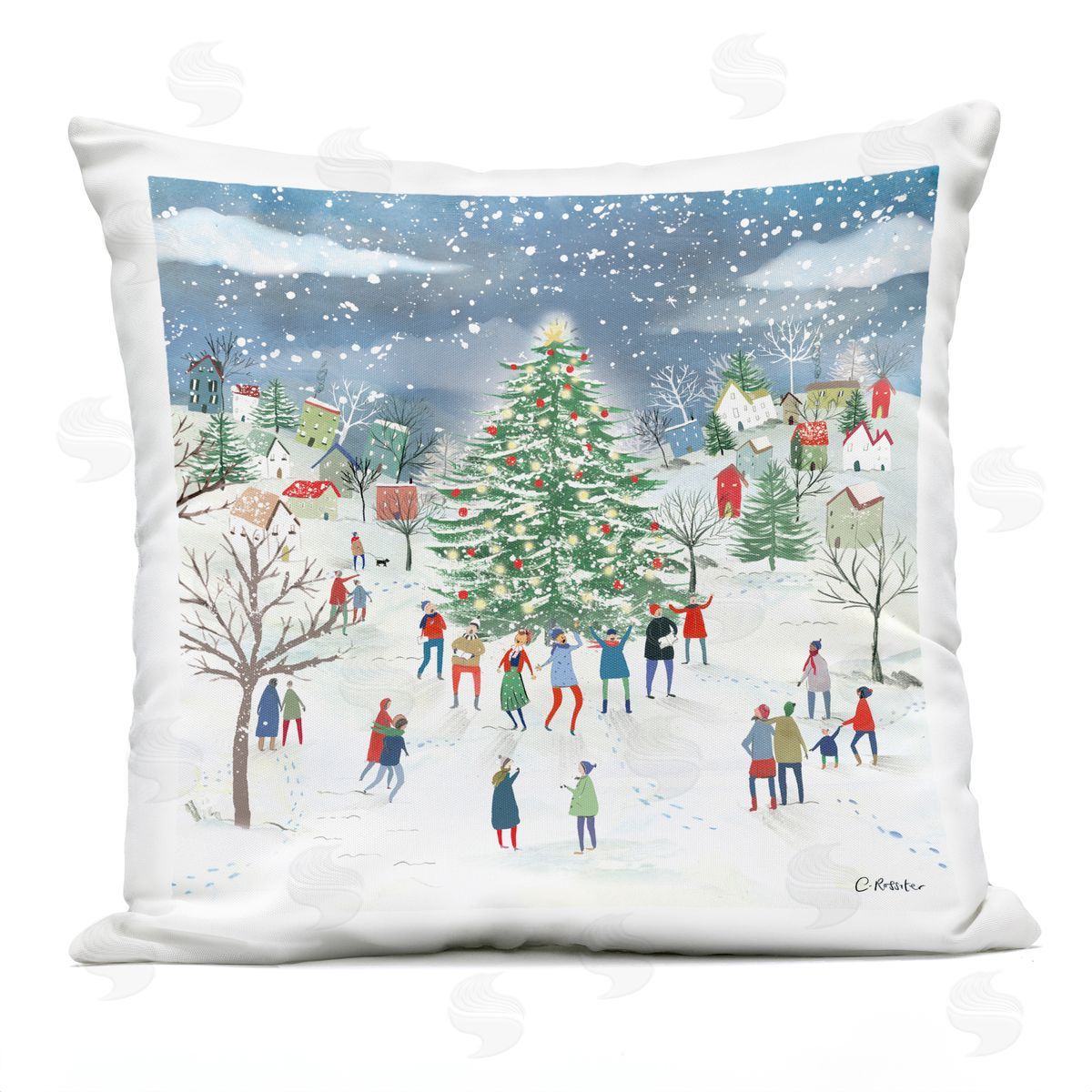 Festive Town Holiday Snow Scene Outdoor Printed Pillow, Home Decor by Clair Rossiter